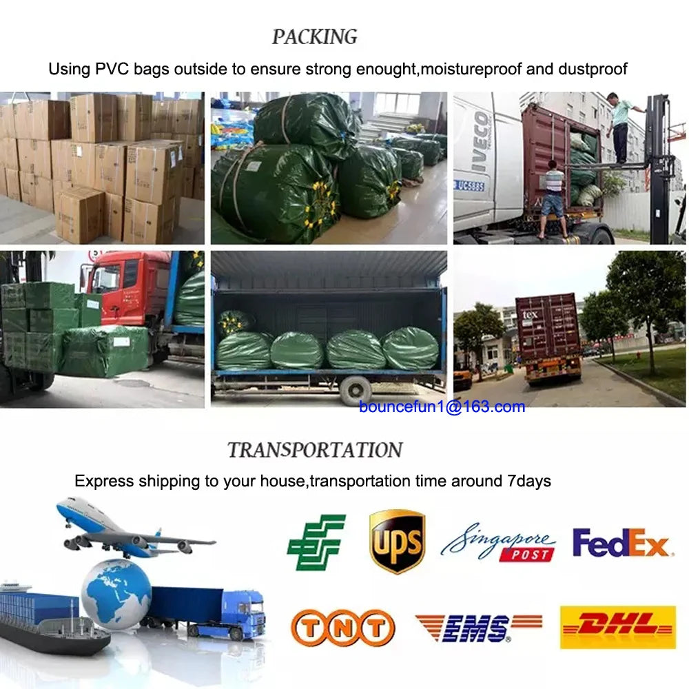 Supplier packing and transport graphic showing wrapped inflatables, freight loading and carrier logos.
