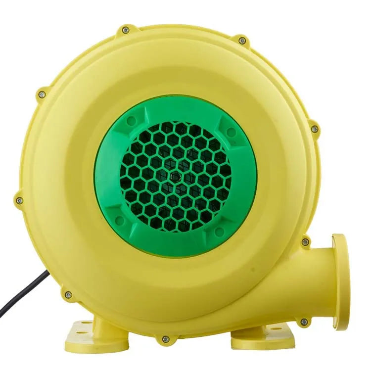 Yellow external air blower with a green intake grille and side outlet, shown against a white background.