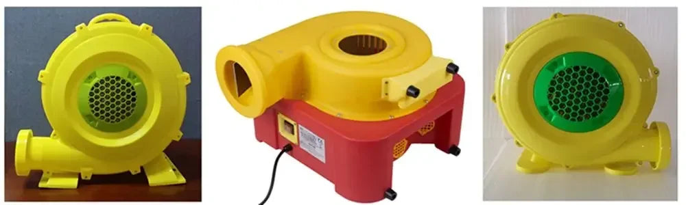 Giant Inflatable Tiki Bar supplier reference showing three air blower designs in yellow and red