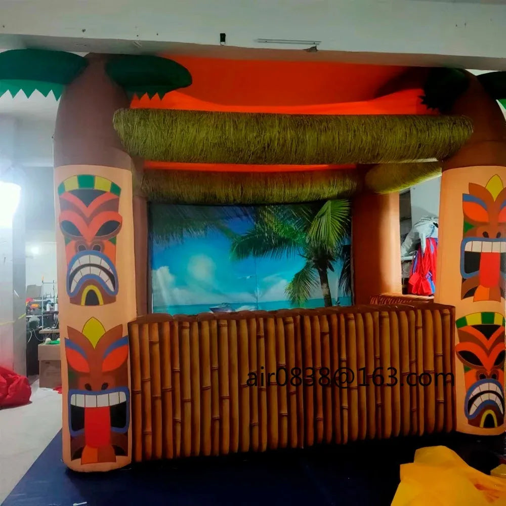 Giant Inflatable Tiki Bar shown indoors with a beach-scene backdrop behind the bamboo-look counter