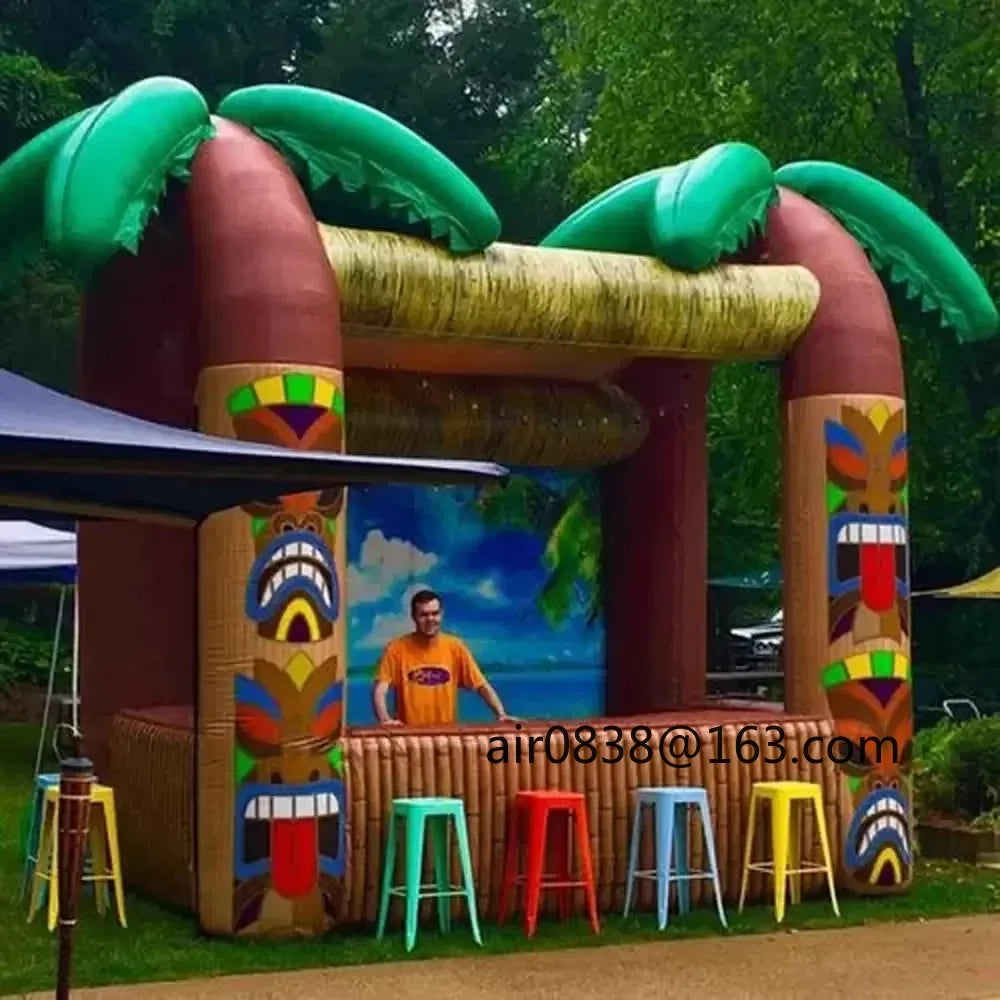 Giant Inflatable Tiki Bar at an outdoor event with colorful stools arranged along the counter
