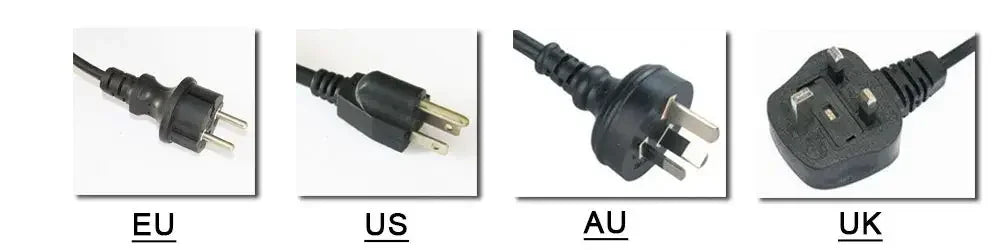 Giant Inflatable Tiki Bar blower plug reference showing EU, US, AU and UK plug shapes