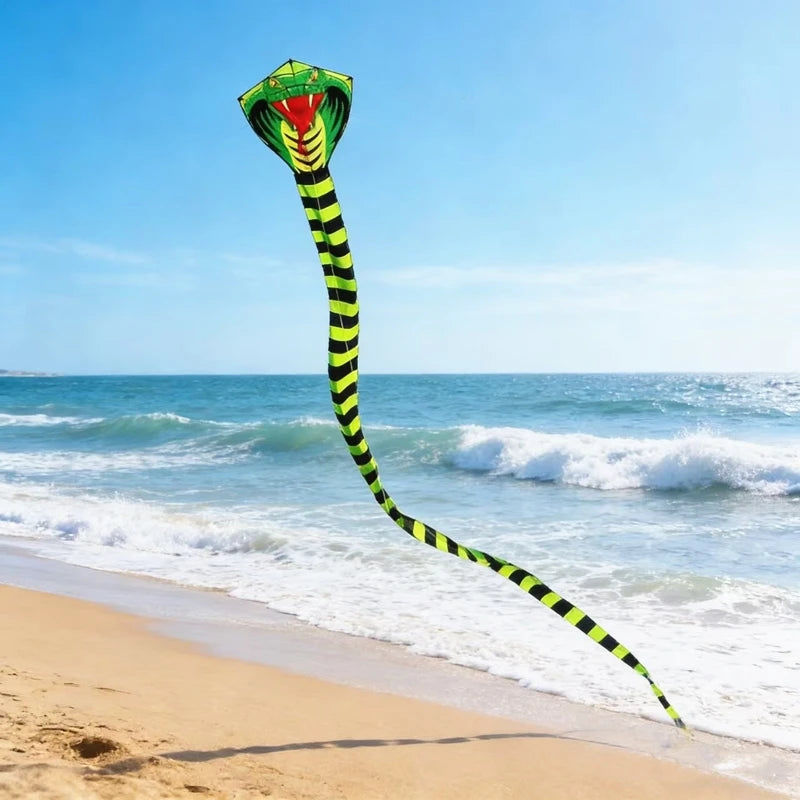 Giant Snake Kite flying above a sandy beach with ocean waves and a clear blue horizon behind it