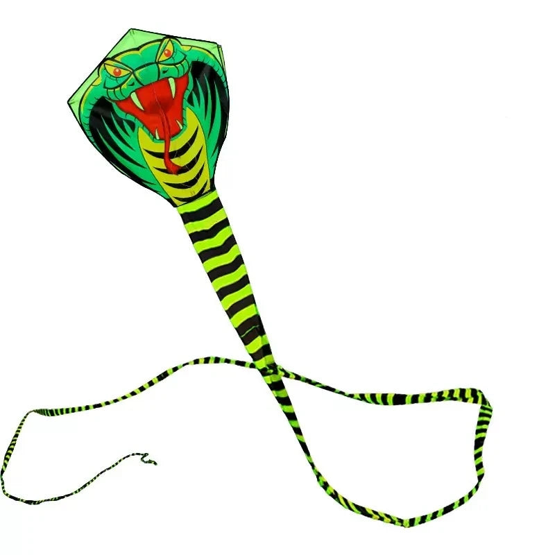 Giant Snake Kite laid out on white showing its green cobra face, striped body, and long flowing tails