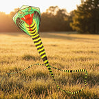 Giant Snake Kite spread across a golden field at sunset showing its cobra design and long striped tails
