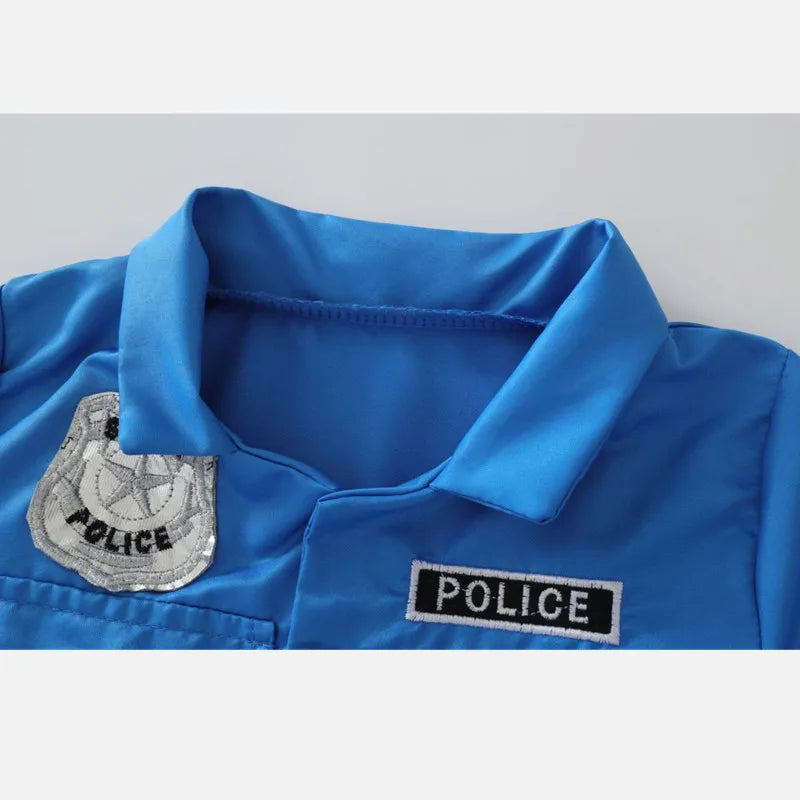 Girls Police Costume Set close-up of the blue collar and embroidered police chest patches.