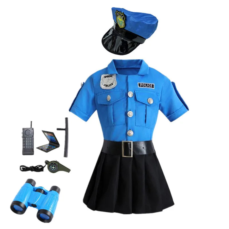 Girls Police Costume Set complete outfit and props, including blue binoculars, toy phone, whistle, baton, and badge.