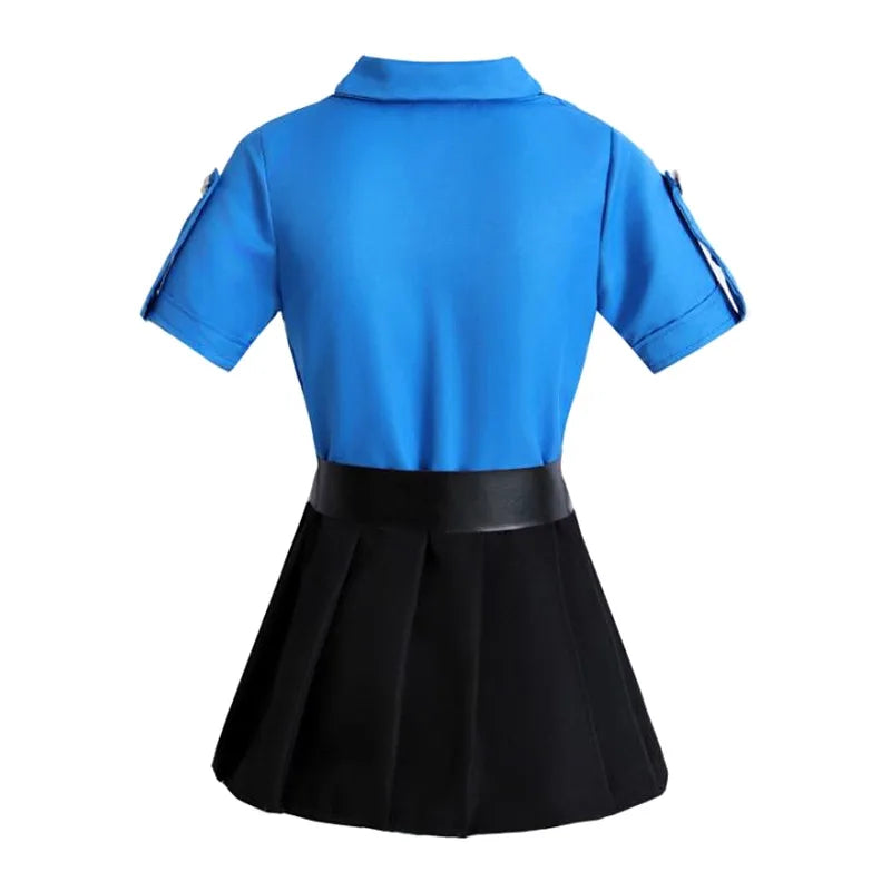 Girls Police Costume Set rear view showing the blue short-sleeve top, black belt, and flared skirt.