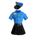 Girls Police Costume Set front outfit display with blue police hat, short sleeves, black belt, and skirt.