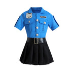 Girls Police Costume Set front view of the blue collared dress with black belted skirt and silver-colored buttons.