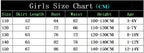Girls Police Costume Set cropped supplier chart listing length, bust, waist, and height measurements in centimeters.