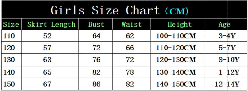 Girls Police Costume Set cropped supplier chart listing length, bust, waist, and height measurements in centimeters.