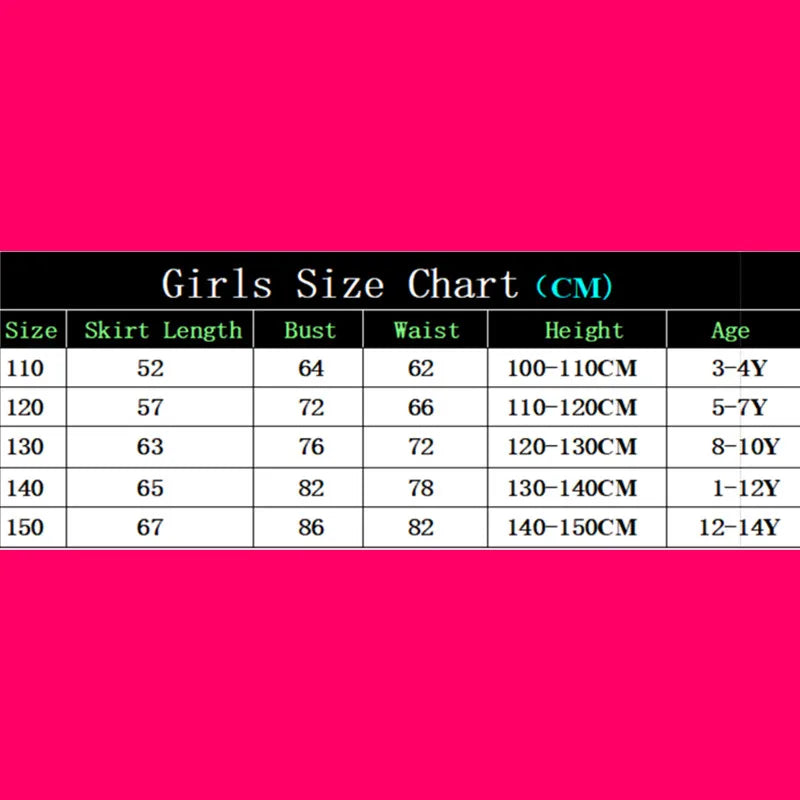 Girls Police Costume Set supplier size chart on pink with garment measurements and height ranges for sizes 110–150.