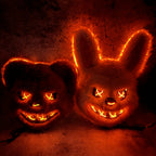 Glowing Horror Animal Masks bear and bunny side by side with orange lighting switched on