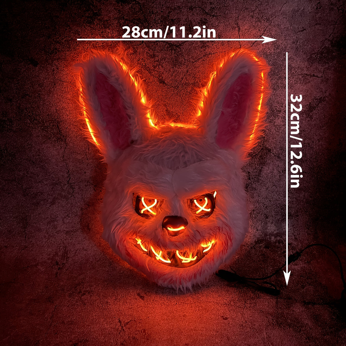 Glowing Horror Animal Masks bunny size guide showing 28 cm width and 32 cm height
