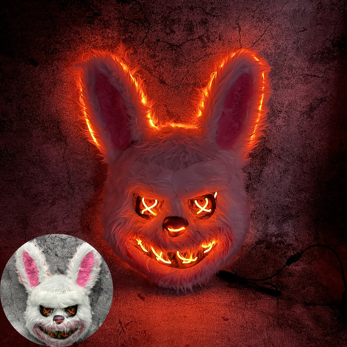 Glowing Horror Animal Masks white bunny with orange-lit ears and grin, plus an unlit inset