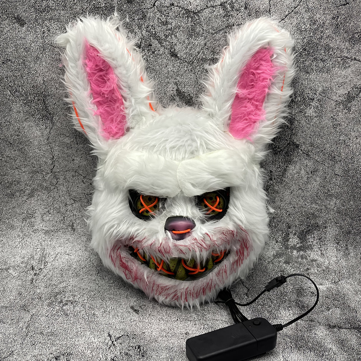 Glowing Horror Animal Masks unlit white bunny with pink ears and wired battery control pack