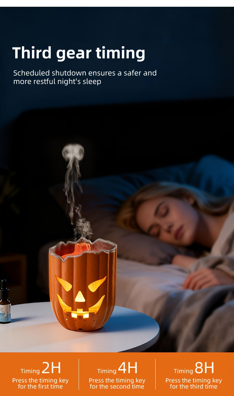 Glowing Pumpkin Humidifier beside a bed with an illustrated guide to the 2, 4 and 8-hour timer settings.