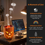Glowing Pumpkin Humidifier on a desk beside a laptop, with jellyfish mist and aromatherapy feature callouts.