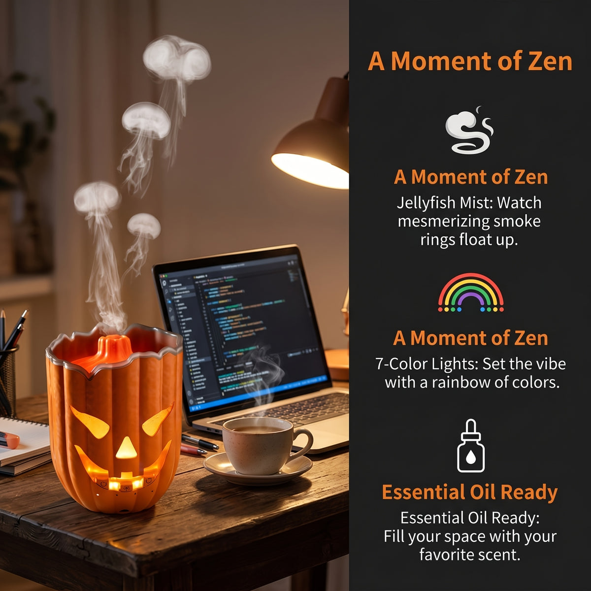 Glowing Pumpkin Humidifier on a desk beside a laptop, with jellyfish mist and aromatherapy feature callouts.