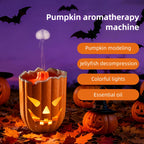 Glowing Pumpkin Humidifier with jellyfish-shaped mist and a glowing face among Halloween pumpkins.