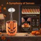 Glowing Pumpkin Humidifier feature guide showing colored lights, essential oil use and two mist modes.