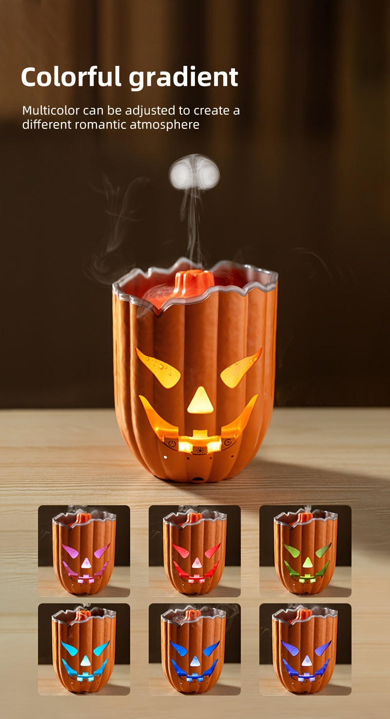 Glowing Pumpkin Humidifier lighting chart showing the jack-o'-lantern face in different LED colors.