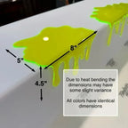 Glowing Slime Shelf Drips — 8-inch topper size guide showing 5-inch depth and 4.5-inch drop, with sizing variance note.