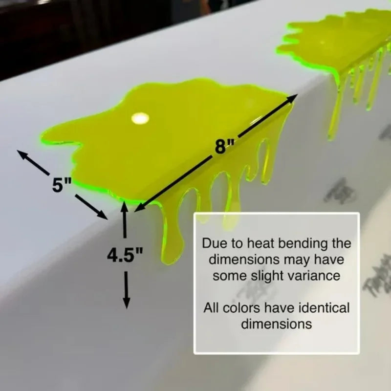 Glowing Slime Shelf Drips — 8-inch topper size guide showing 5-inch depth and 4.5-inch drop, with sizing variance note.