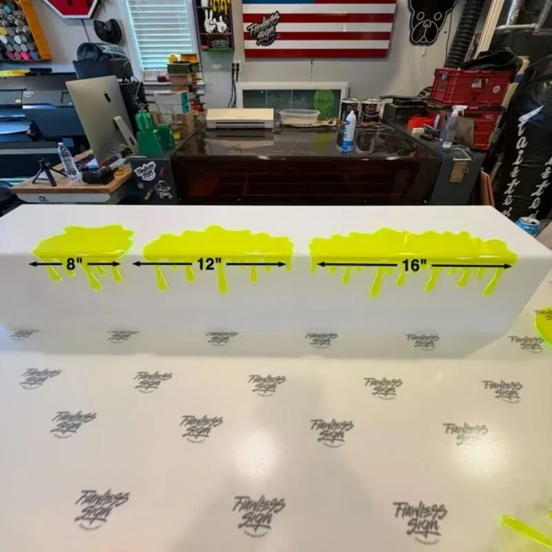 Glowing Slime Shelf Drips — Three shelf toppers comparing the 8-inch, 12-inch and 16-inch lengths.