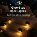 HighPeak GlowStep Solar Deck Lights in warm white illuminating wooden outdoor stairs at dusk for safe, stylish backyard lighting.