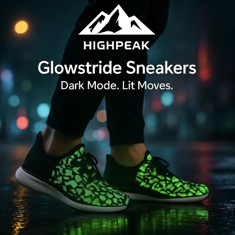 HighPeak Glowstride Sneakers in dark mode glowing green LED lights on a wet night street with reflective soles