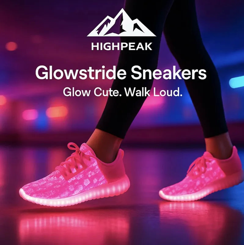 HighPeak Glowstride Sneakers glowing pink with LED fiber optics, worn during nighttime urban walk.
