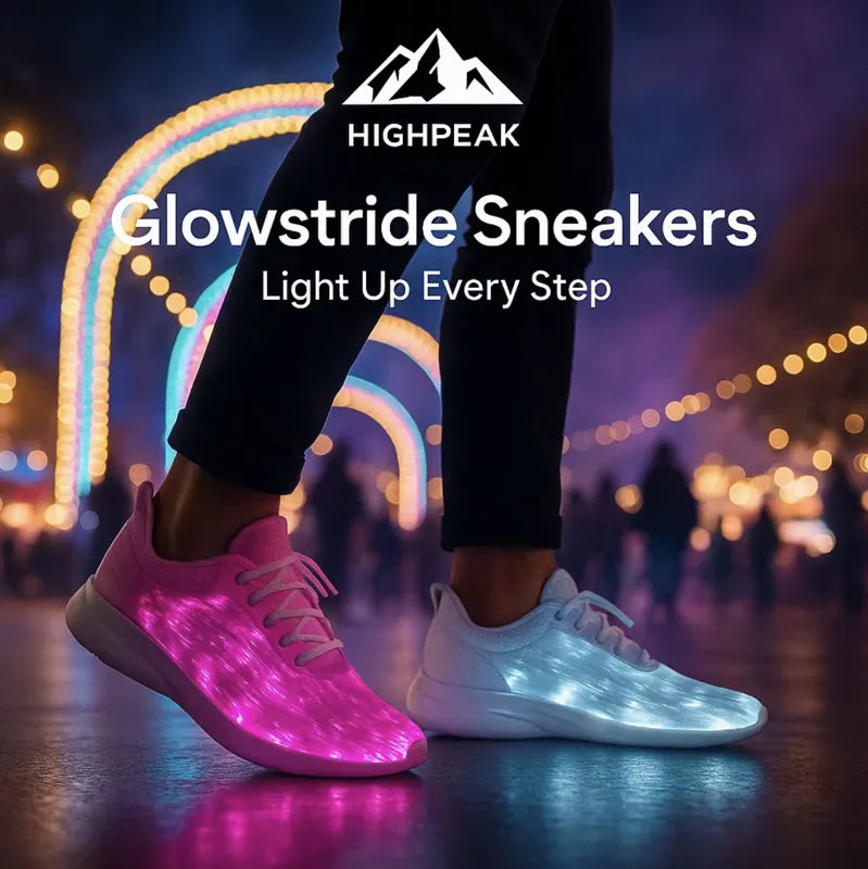 HighPeak Glowstride Sneakers in pink and white glowing LED fiber optic design on city street at night