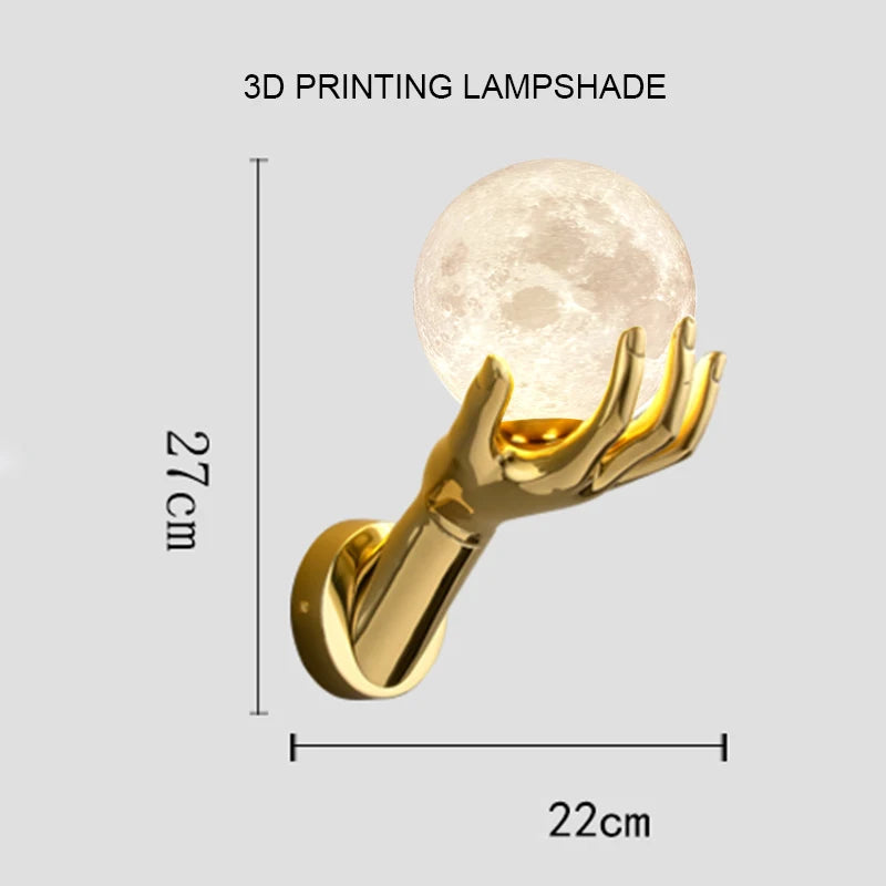 Golden Hand Wall Lamp — Moon shade size diagram showing 27 cm height and 22 cm horizontal span