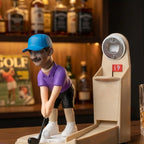 Close view of the golfer figurine and metal bottle opener on a bar counter