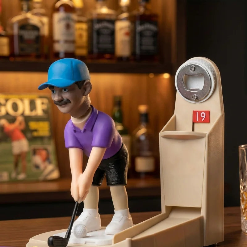 Close view of the golfer figurine and metal bottle opener on a bar counter
