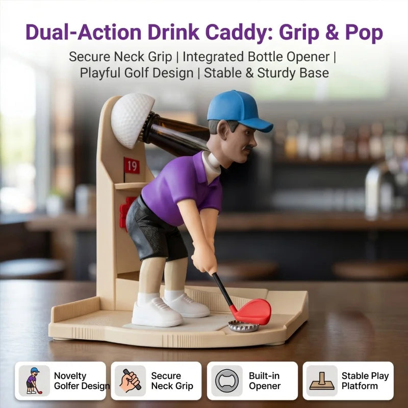 Illustration of a bottle positioned at the Golf Putter Bottle Opener with feature labels