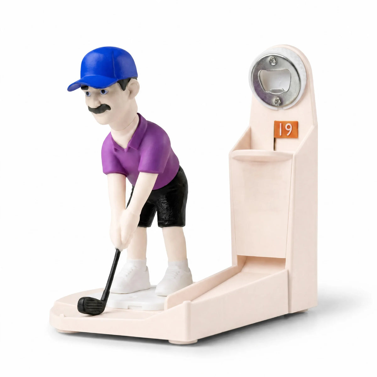 Light skin tone golfer bottle opener on a white background showing the metal opener and rear collection slot