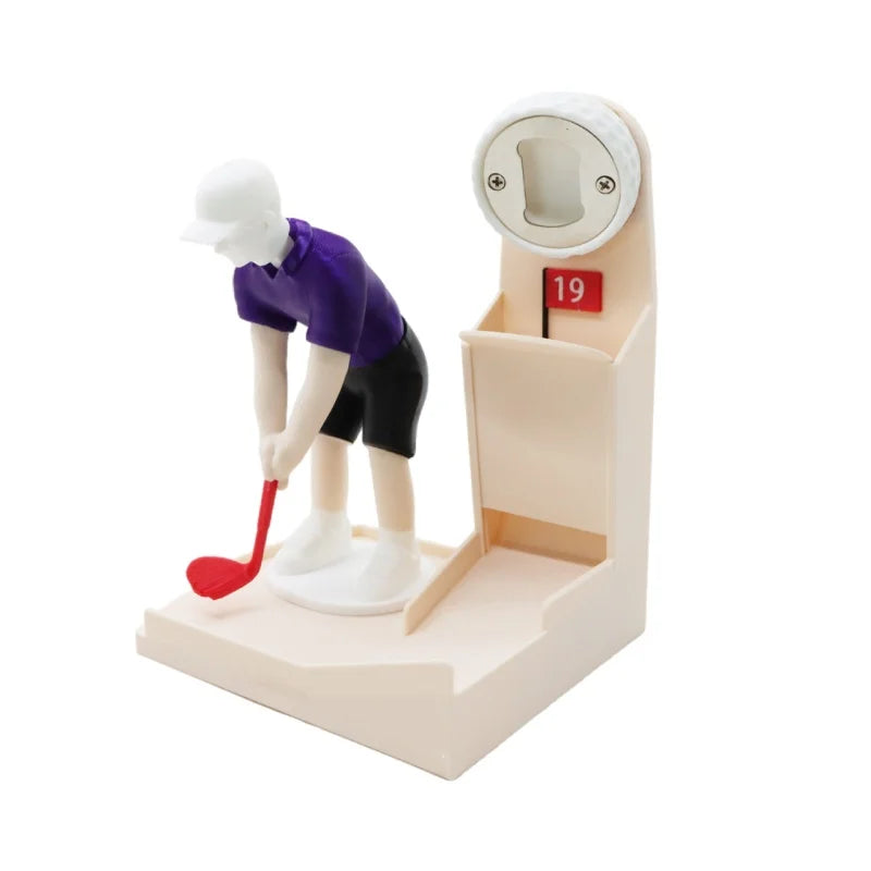 Golf Putter Bottle Opener shown with a white cap, purple shirt and red club