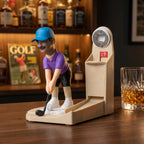 Golfer figurine bottle opener with blue cap and purple shirt on a wooden bar