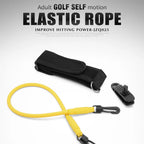 Golf Swing Resistance Trainer yellow latex tube, arm cuff, and club clip arranged on white