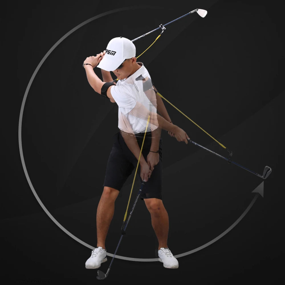Golf Swing Resistance Trainer worn by a golfer with the arm cuff and club attachment during a swing