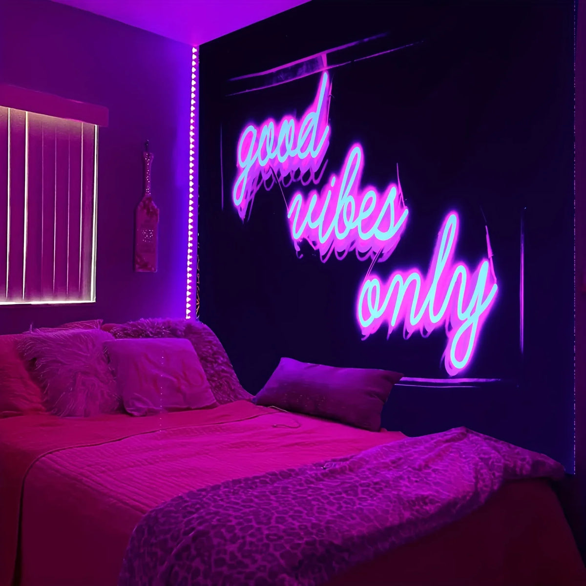 Good Vibes Only Tapestry styled as a large bedroom backdrop beside vertical blinds