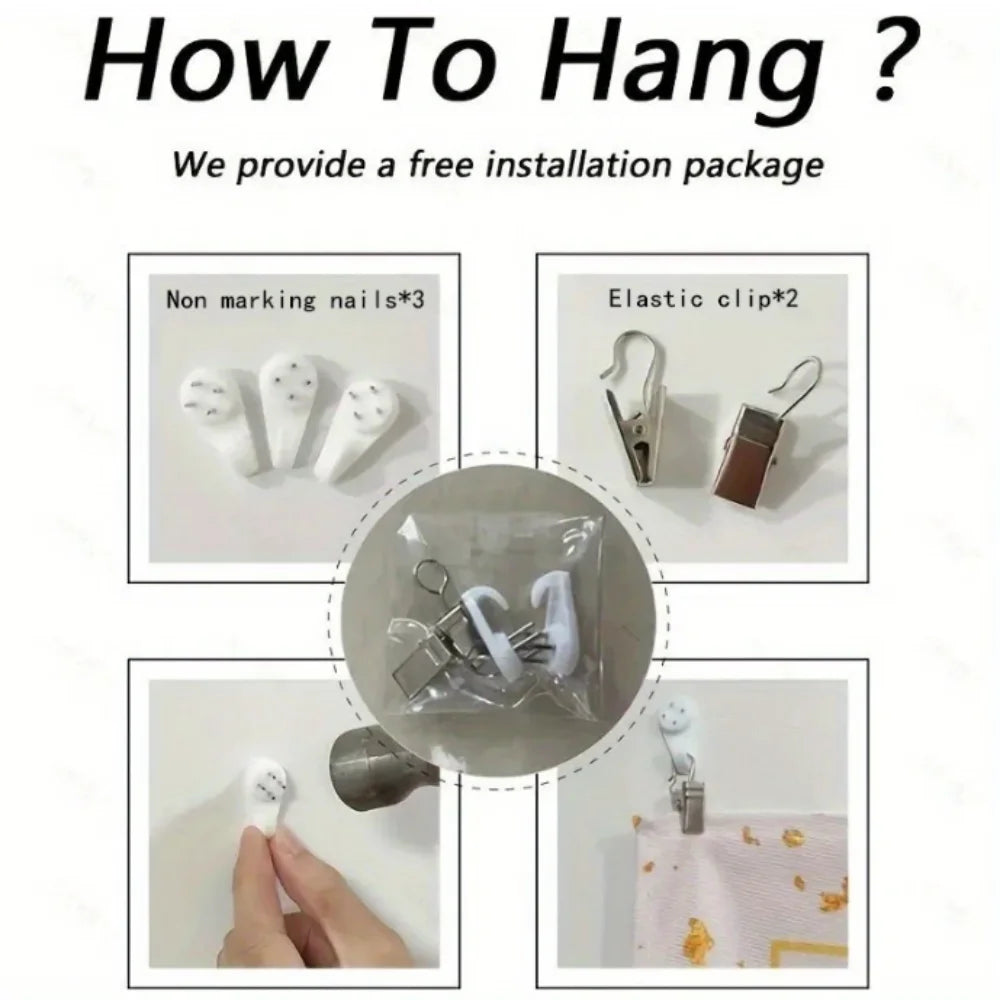 Good Vibes Only Tapestry hanging instructions showing three wall hooks and two clips