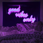 Good Vibes Only Tapestry close-up showing layered neon-style lettering above pillows
