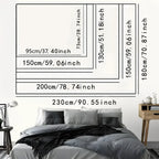 Supplier tapestry measurement diagram in centimeters and inches above a bed