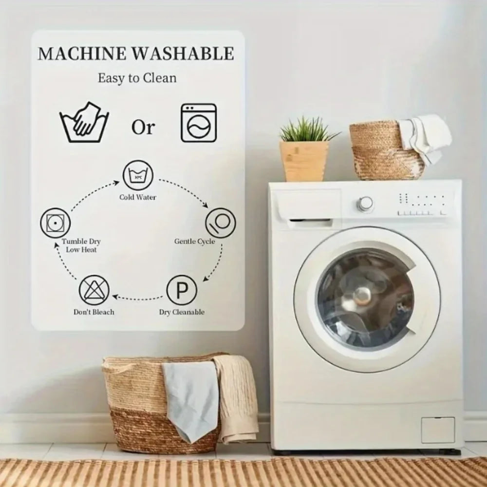 Good Vibes Only Tapestry supplier washing guide with care symbols beside a washing machine