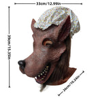 Granny Wolf Costume Mask size diagram showing a floral cap and 33 x 26 x 39 cm overall measurements