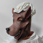 Granny Wolf Costume Mask close-up showing sculpted fur, eye opening, long snout and teeth